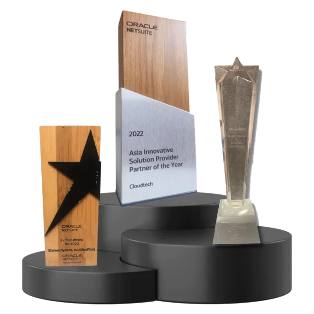 CloudTech Oracle NetSuite and GMA award trophies