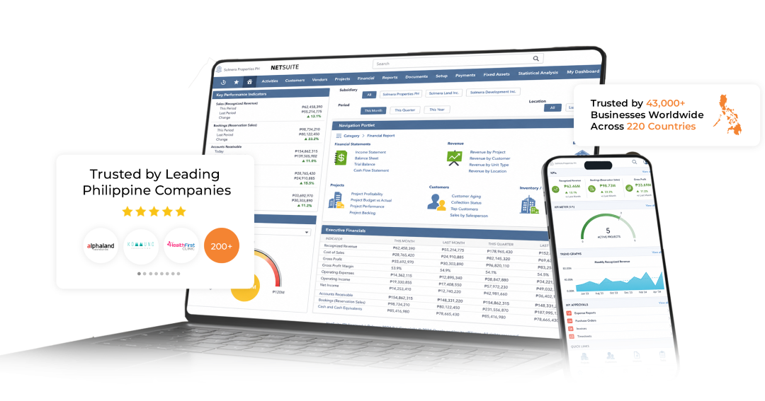 NetSuite dashboard across desktop and mobile, with customer trust highlights